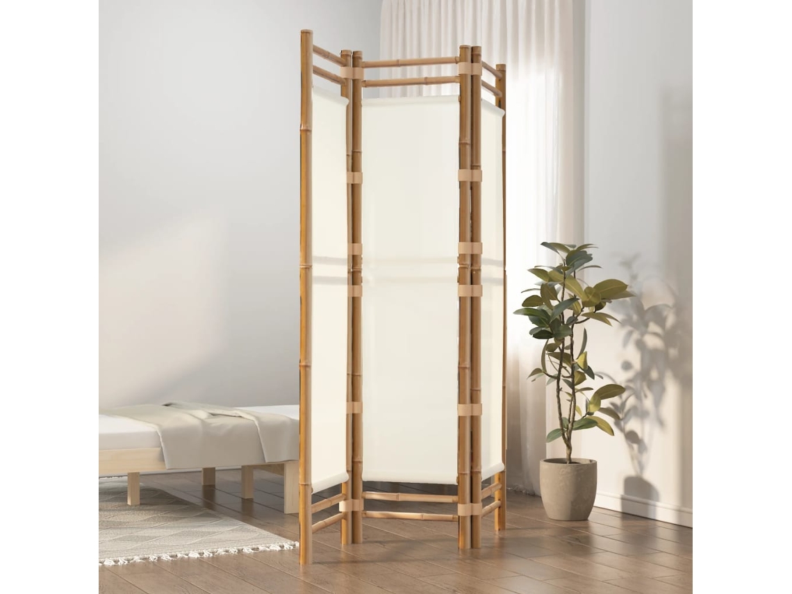Biombo Plegable De 3 Paneles Bambú Y Lona 120 Cm
