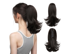 Peluca, extensión de cola de caballo con clip para mujer, microrizada (castaño oscuro/30 cm) Gertiz