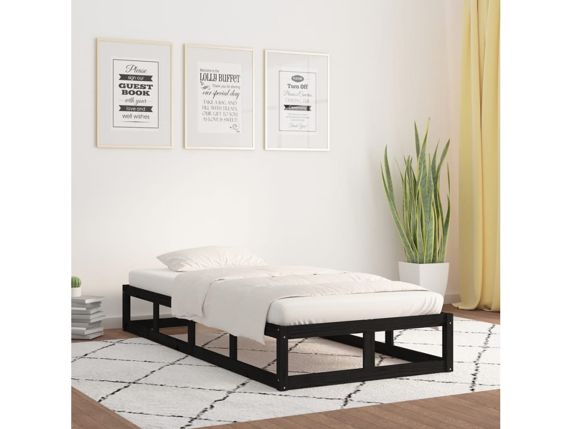 Estructura Cama Madera Maciza Individual Negro 75x190 Cm