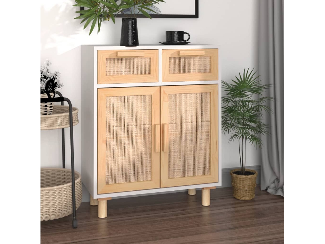 Aparador Madera Maciza Pino Y Ratán Natural Blanco 60x30x75 Cm