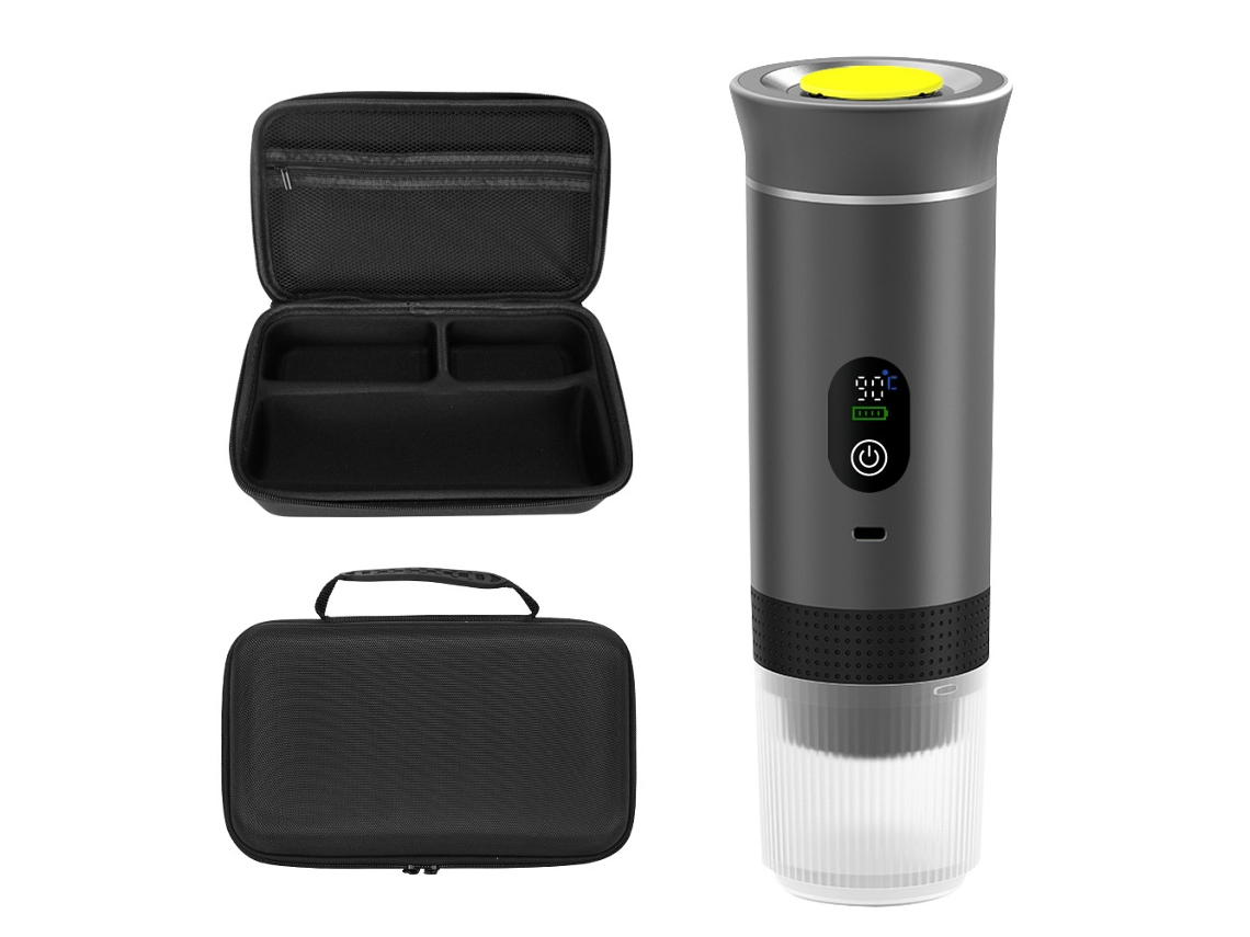 Cafetera portátil 3 en 1 con pantalla digital, compatible con cápsulas y café molido, incluye caja de almacenamiento (gris) Digitallab
