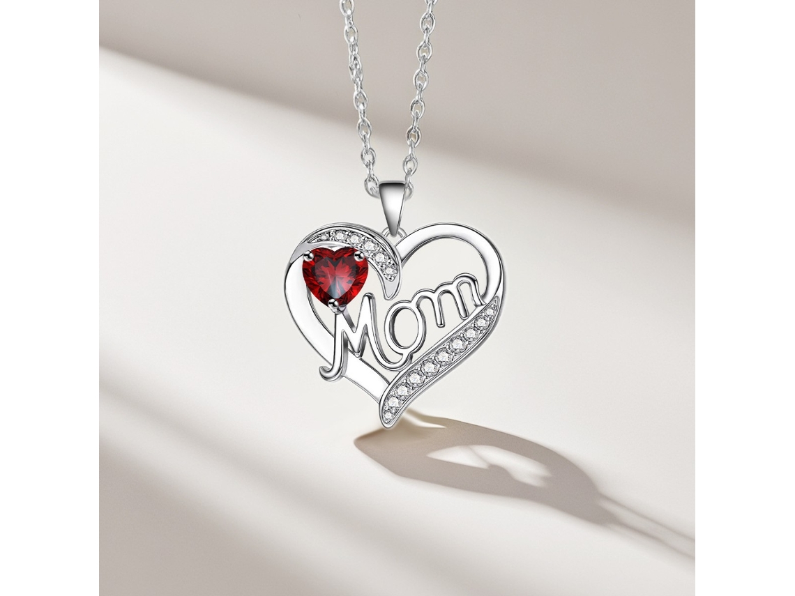 Collar Con Colgante En Forma De Corazón Con La Palabra "mamá", Chapado En Oro Blanco, Decorado Con Una Piedra Roja, Una Pieza De Joyería Ref