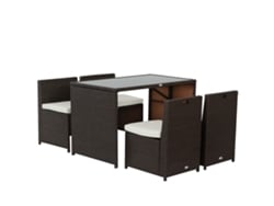 Conjunto de muebles de jardín de 5 piezas en poliratán, 4 sillas, mesa, cojines, color marrón caqui.