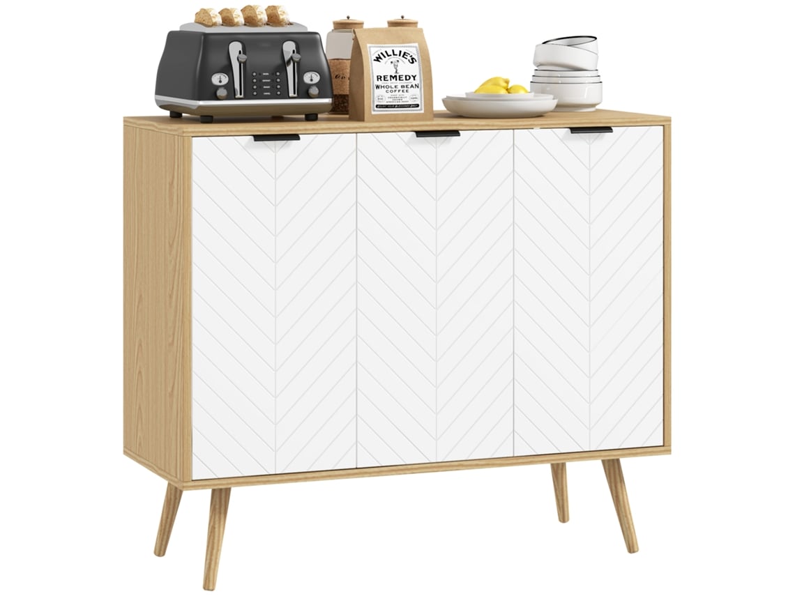 Armário Buffet 3 Portas Prateleiras Ajustáveis Capacidade 50kg Branco Natural 91,5x35x77,4