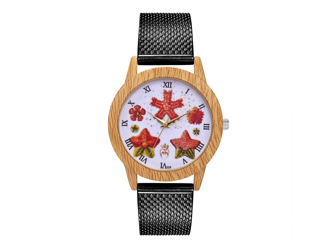 Reloj De Cuarzo Con Correa De Malla Zhoulianfa Patrón Flor Estrella Escala Romana Negro Unisex