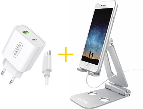 Kit Cargador USB/Type-C, Cable Micro USB y Soporte Móvil ACCETEL AC525 SP113W (Blanco y Plateado)