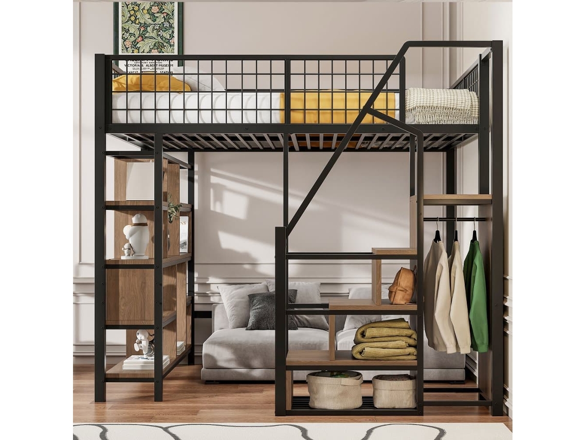 Cama Alta Multifuncional 140x200 Cm - Con Almacenamiento, Estantes Y Escalera - Color Negro