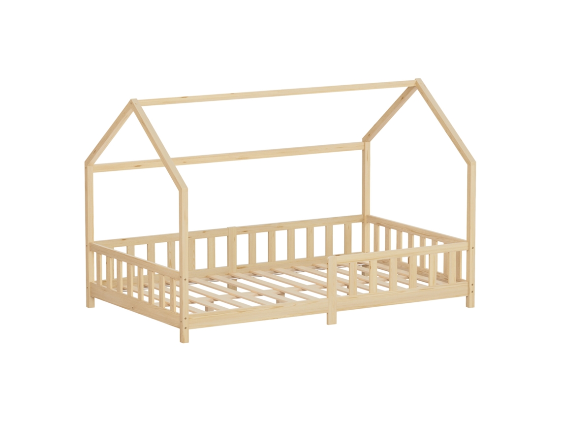 Cama Infantil Ml-design 120x200 Cm Natural Forma De Casa Con Anticaída, Techo Y Somier