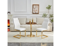 Conjunto De Mesa De Madera De Nogal (60 Cm) Con Patas Doradas Y 2 Sillas Blancas Con Estampado De Rombos.