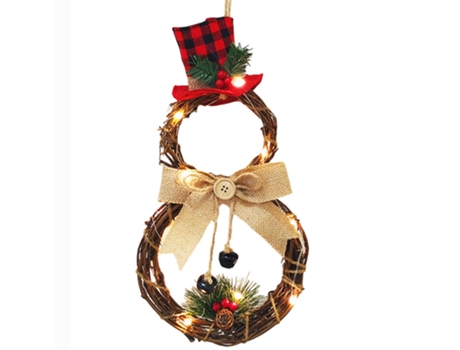 Adorno colgante de corona de Navidad, adornos de corona de muñeco de nieve de Navidad con decoración de luz LED