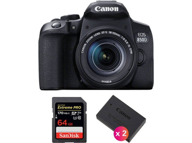Kit Cámara Réflex CANON EOS 850D + EF-S 18-55mm f/4-5.6 IS STM + SanDisk 64GB + 2 LP-E17