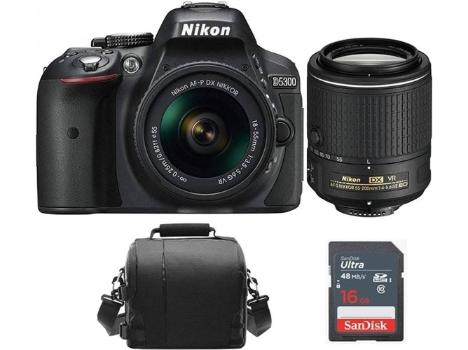 Kit Cámara Réflex NIKON KIT D5300 AF-P 18-55 MM F3.5-5.6G VR + AF-S 55-200 MM + Bolsa + 16 GB SD