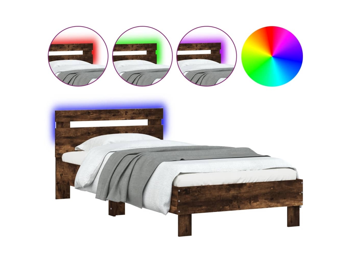 Maison Exclusive - Estructura De Cama Cabecero Luces Led Roble Ahumado 90x200 Cm