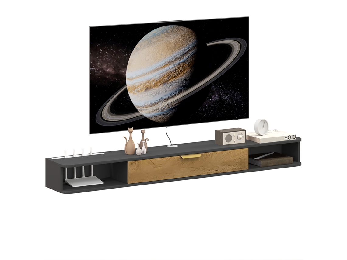 Móvel Tv Parede Compartimentos Porta Basculante Cinza 160x24x16cm