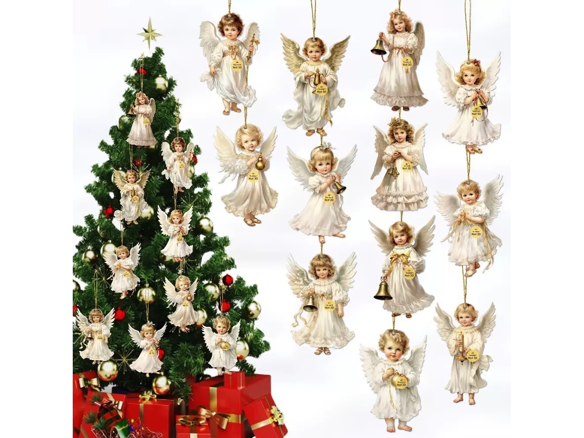Conjunto de 12 adornos de ángeles de madera victorianos, decoraciones navideñas Siurn