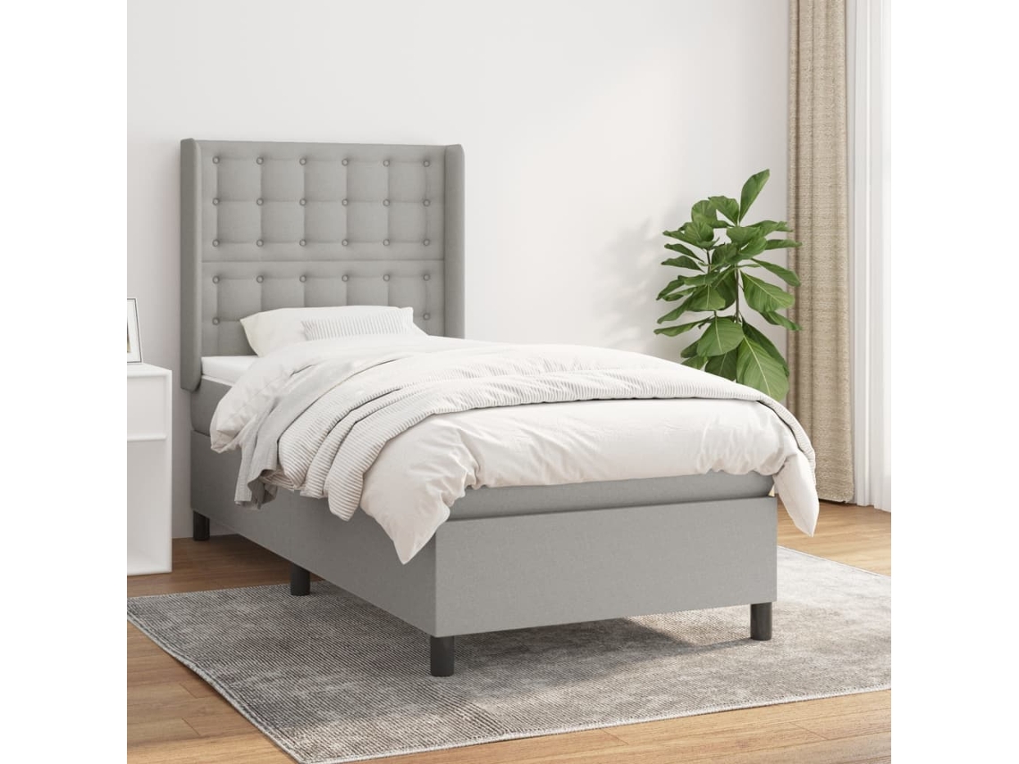 Cama box spring con colchón tela gris claro 90x200 cm