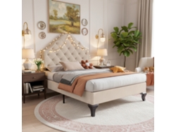 Cama Individual De 90x200 Cm, Cabecero Regulable, Somier De Láminas De Madera, Terciopelo Beige, Fácil Montaje.