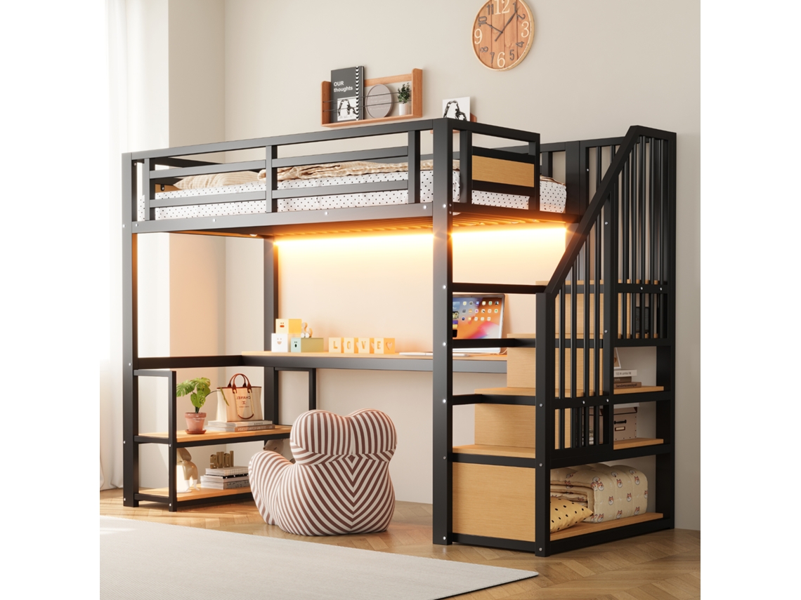 Cama Alta De Metal De 90x200 Mm, Portalámparas Led, Escalera, Mesa De Almacenamiento, Rejilla Negra