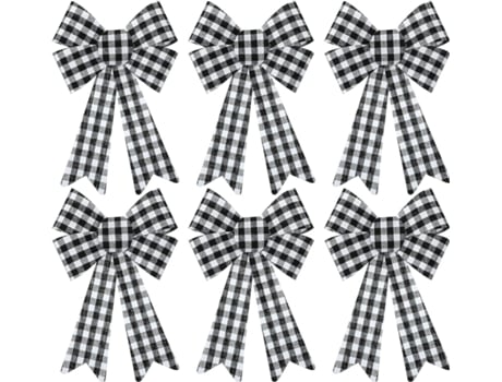 6 lazos rojos de tela escocesa de búfalo de Navidad, lazo de cinta de corona pequeña a cuadros negros de plástico, blanco y negro