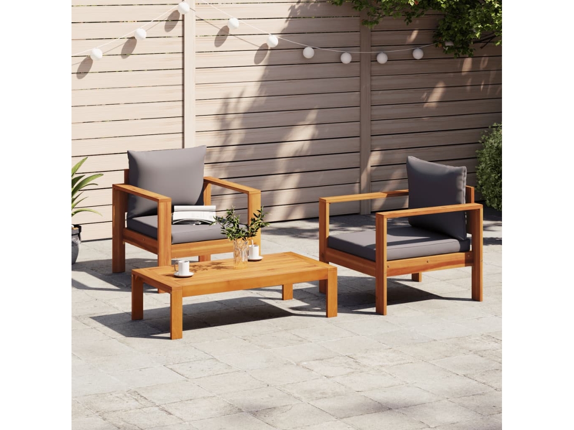 Conjunto de sofá de jardín de 3 piezas con cojines de madera maciza de acacia, Dkd Home Decor