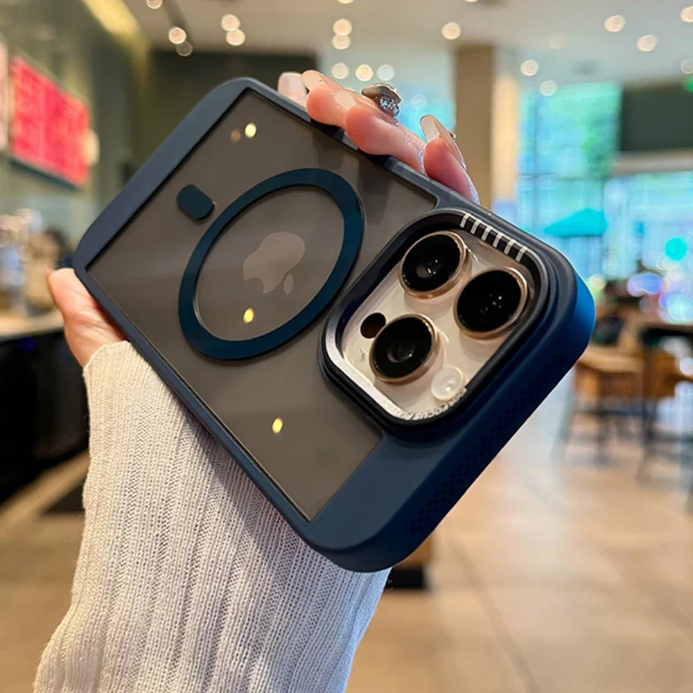 (iphone 13, Azul) Funda Con Bisel Térmico Magsafe Para Iphone, Cubierta Trasera Protectora De Acrílico Transparente.