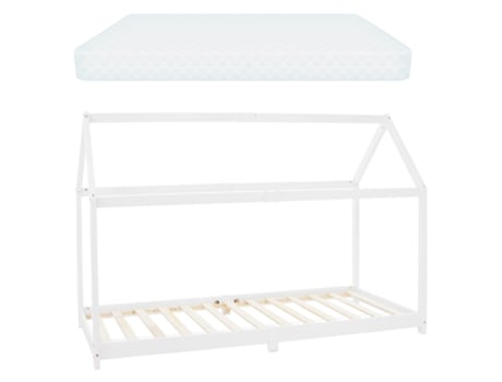 Cama infantil montessori con forma de casa de madera blanca, colchón 90 x 200 cm ML-DESIGN