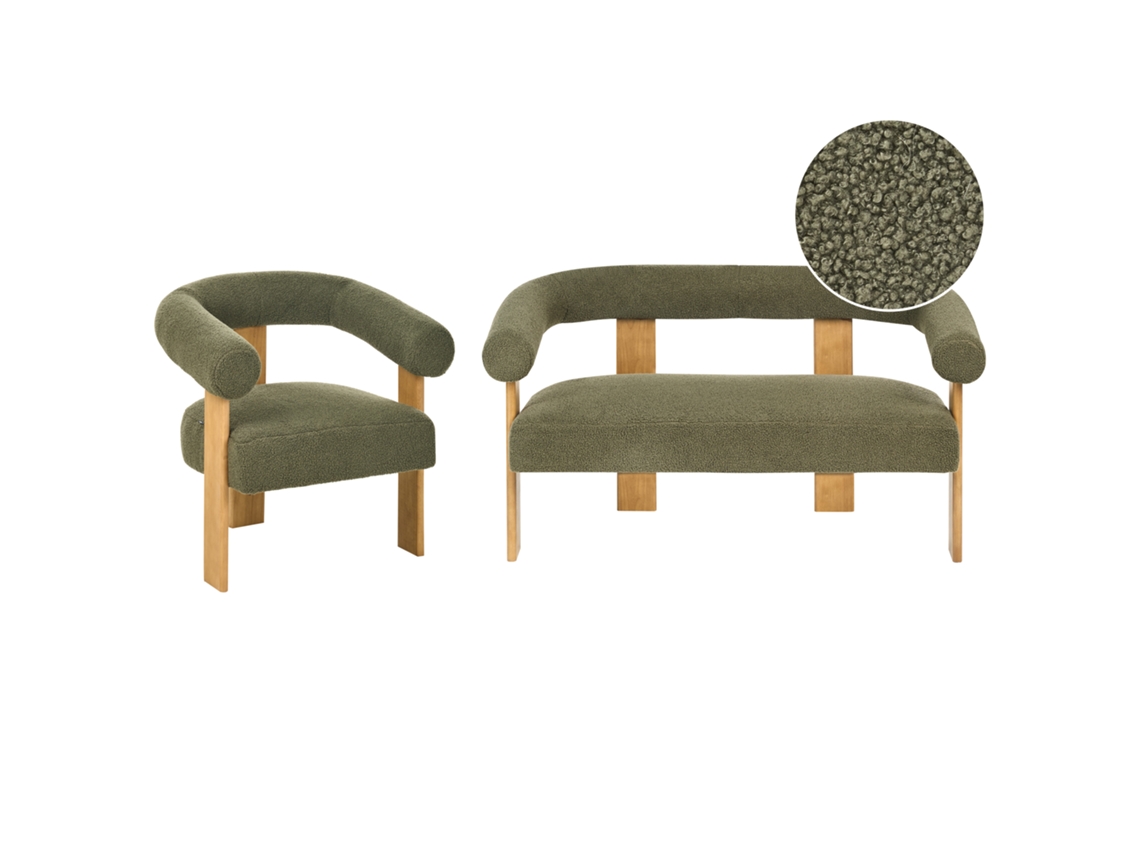Conjunto de asientos tapizados Beliani Ilbro Bouclé con patas de madera verde 138x68x76