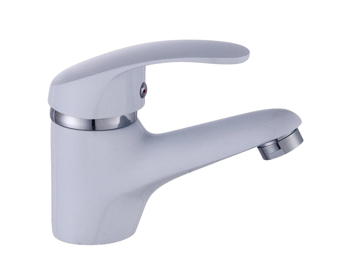 Grifo de lavabo, montaje sobre encimera, núcleo de válvula de latón, carcasa de metal, blanco, cromado
