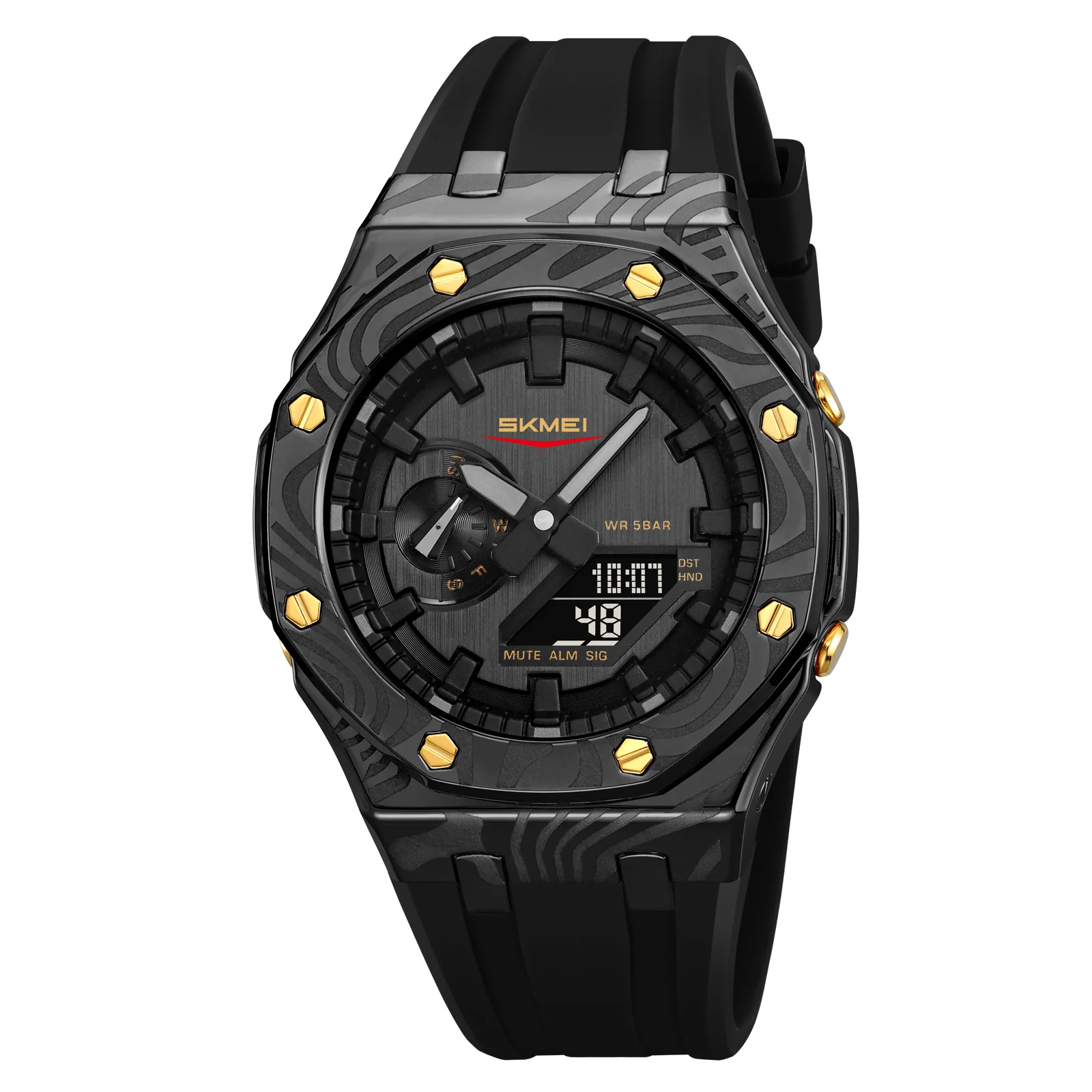 Reloj De Cuarzo Resistente Al Agua Con Doble Pantalla Digital Luminosa (negro Y Dorado), Calendario Y Cronómetro Analógico.