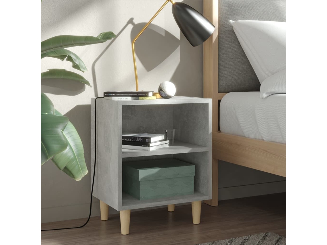 Mesita de Noche Patas Madera Maciza 40X30X50Cm Gris Cimen.