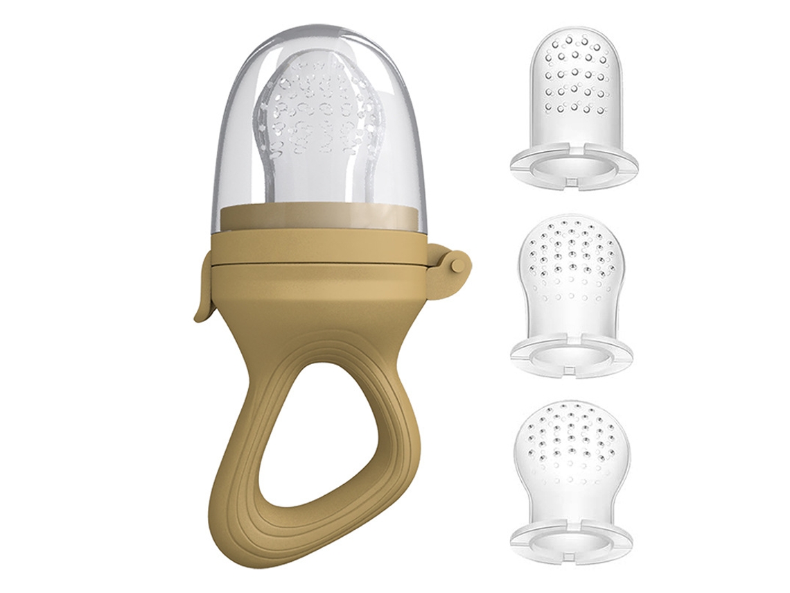 Biberón de silicona con suplemento alimenticio y tetina para frutas y verduras. Bolsa de malla marrón. Tallas M+ y SML.