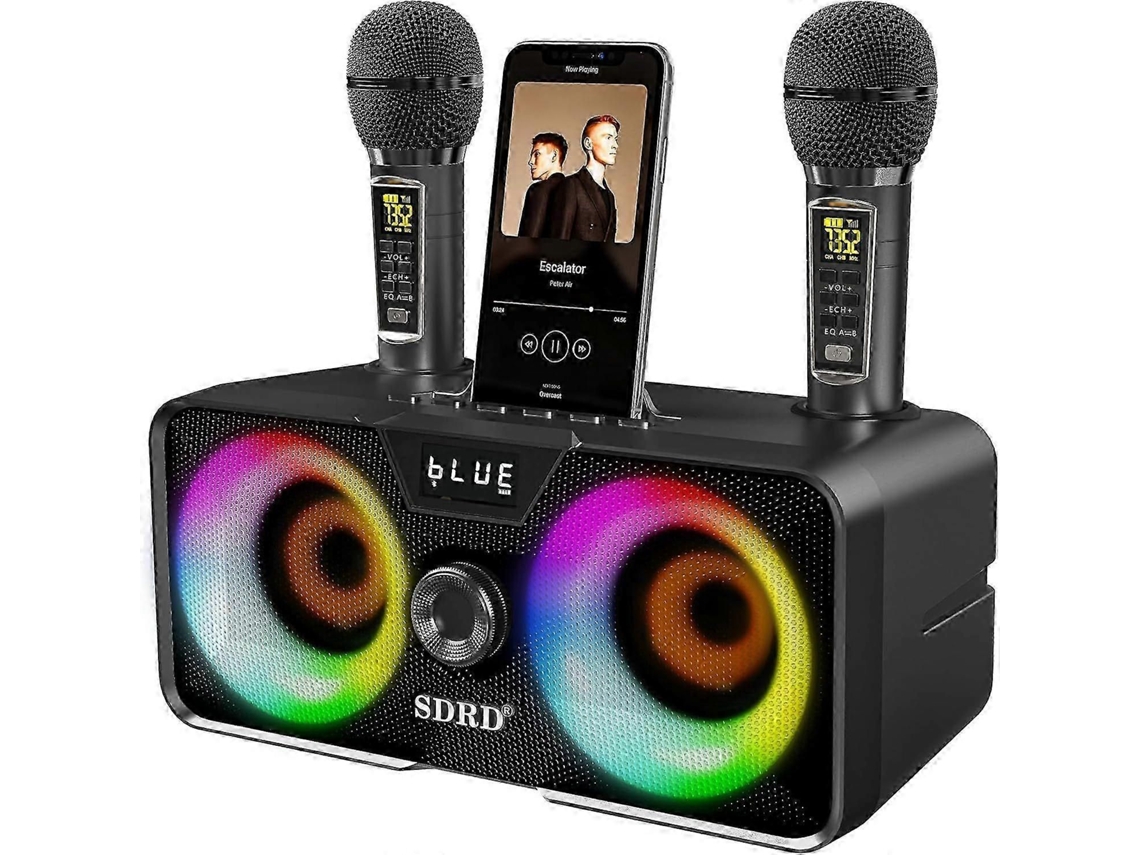 Máquina de karaoke para adultos y niños con 2 micrófonos inalámbricos UHF, altavoz Bluetooth portátil y sistema de megafonía con luces.