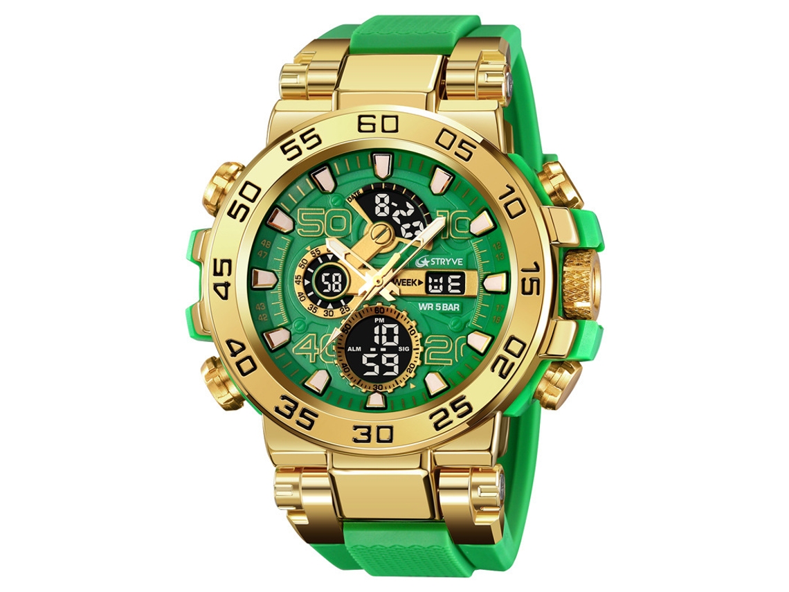 Reloj deportivo MDUG, cronógrafo electrónico, luminoso, resistente al agua, con caja metálica (dorado y verde)