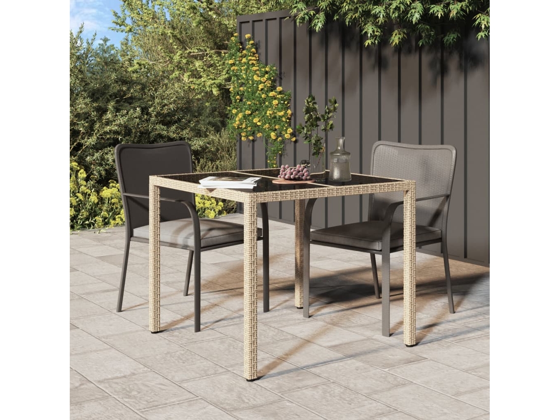 Mesa de jardín LOVELY HOME de vidrio templado y mimbre con patas beige (90 x 90 x 75 cm)