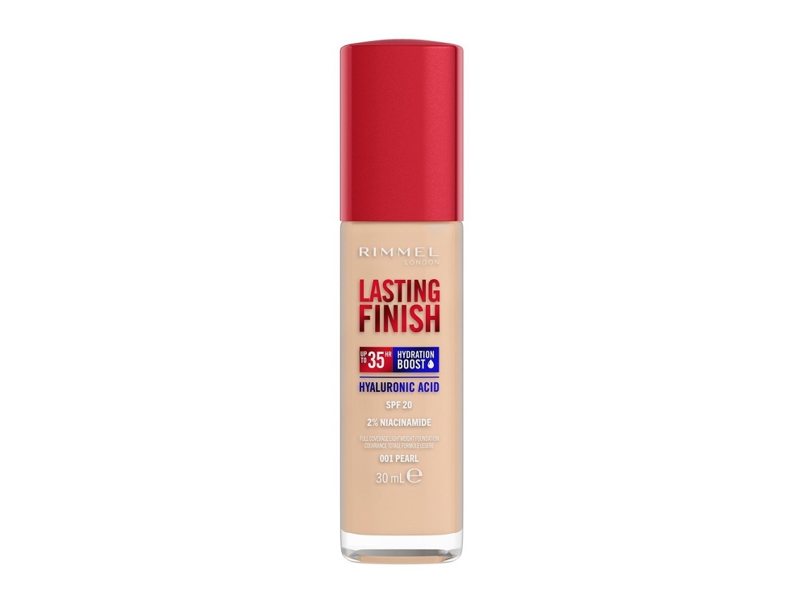 Base de maquillaje hidratante de cobertura total Rimmel FPS 20, color 001 Perla, 30 ml