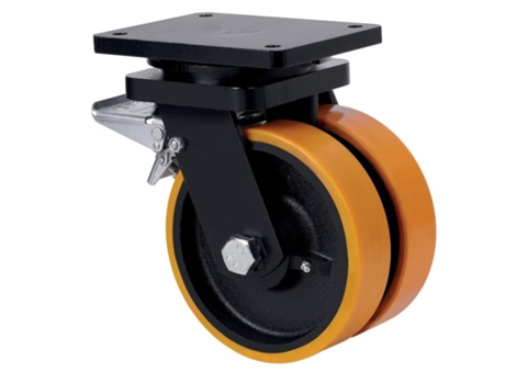 Rueda giratora placa freno 10hlgfd250-hub hierro-poliur.naranja(doble) bolas ALEX