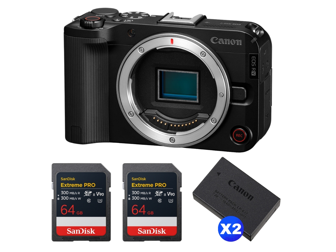 Canon EOS R50 V + 2 tarjetas Sandisk Extreme Pro UHS II SDXC de 64 GB + 2 cámaras Canon LP e17 + libro electrónico “20 consejos para fotos impresionantes”