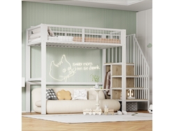 Cama Alta De 90x200, Armario Abierto, Escalera Blanca