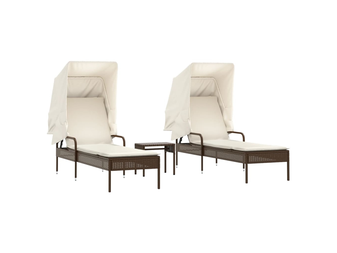 Conjunto de Tumbonas con Toldo y Mesa, 2 Piezas, Mimbre, Patas Marrones, EXCLUSIVA MAISON