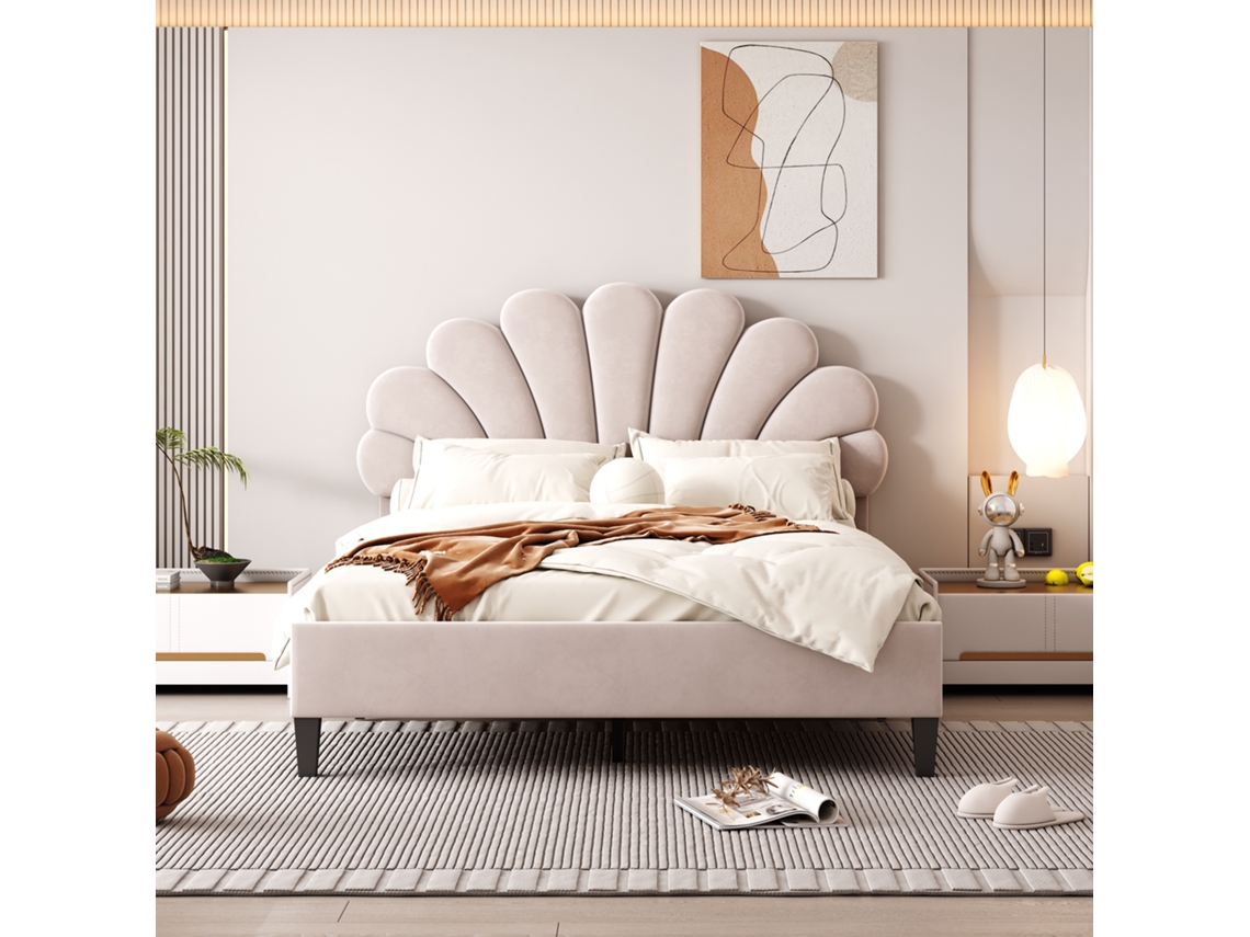 Cama Doble Tapizada En Terciopelo - 140 X 200 Cm - Cabecero En Forma De Flor - Con Somier De Láminas - Beige