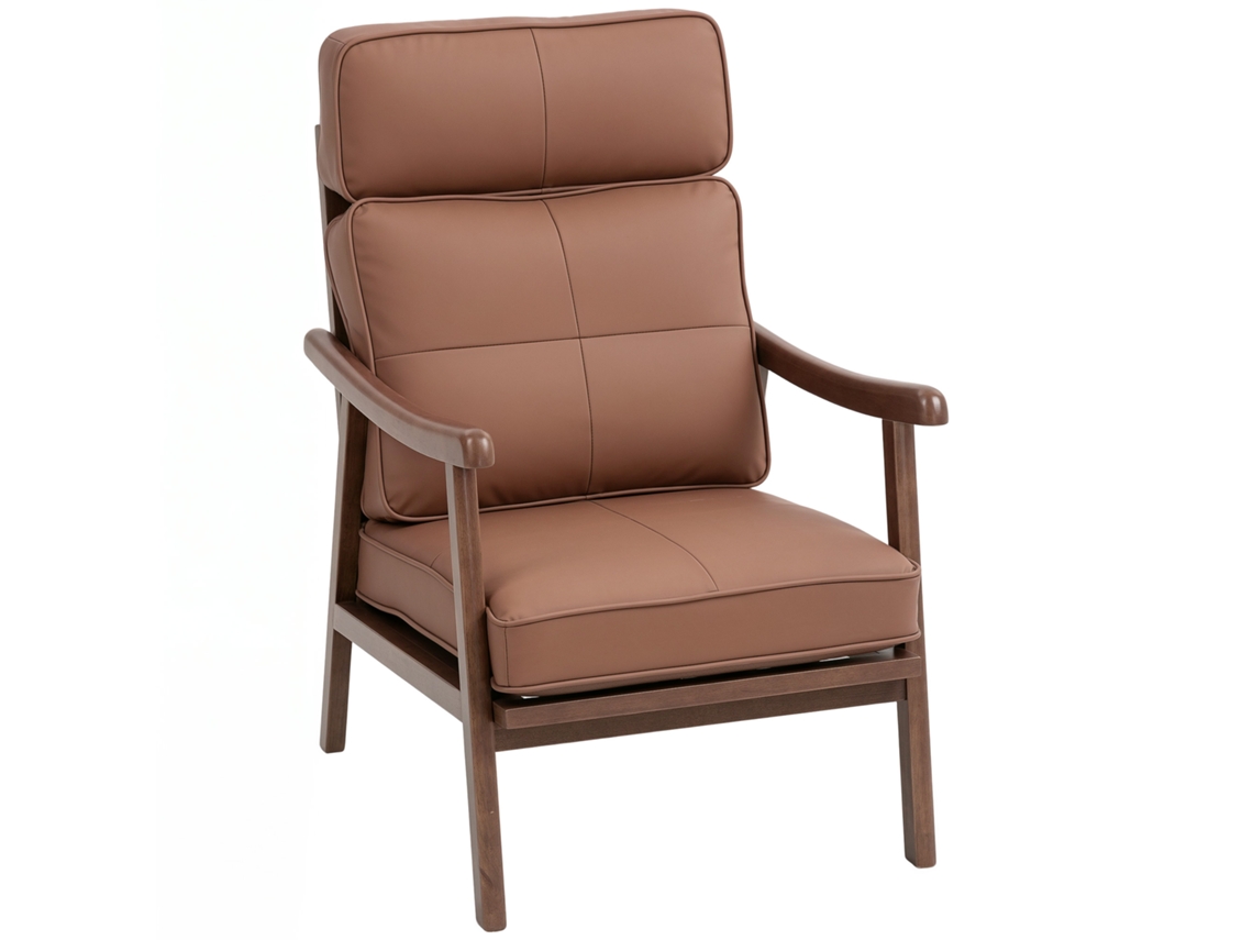 Sillón De Pu Con Estructura De Madera Y Cojines Gruesos Para Salón, Color Marrón Nogal.