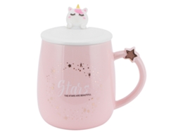MEOIRUERY Taza de Cerámica con Dibujo de Dibujos Animados, Tapa y Cuchara, Vaso para Café o Agua, Uso en Casa u Oficina, Color Rosa
