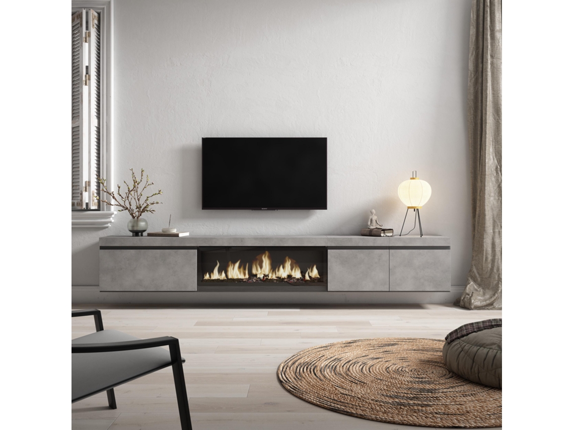 Mueble TV, Televisión, 288x45x35 cm, Para TV gran formato, Chimenea eléctrica XXL, Colgado, Suspendido, Cemento SKRAUT HOME