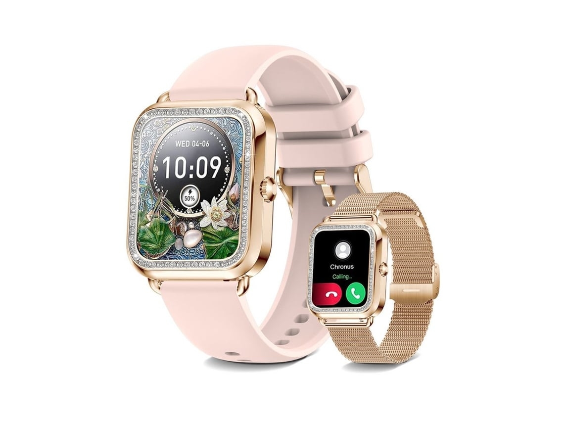 Reloj inteligente con función de teléfono, diamantes de imitación, pantalla HD de 1,57", Android/iOS, dorado, Chennnls