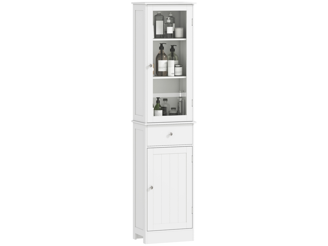 Mueble De Baño Columna Que Ahorra Espacio, Con Armario, Cajón Y Estantes De Mdf, 40x27x171,5cm, Blanco