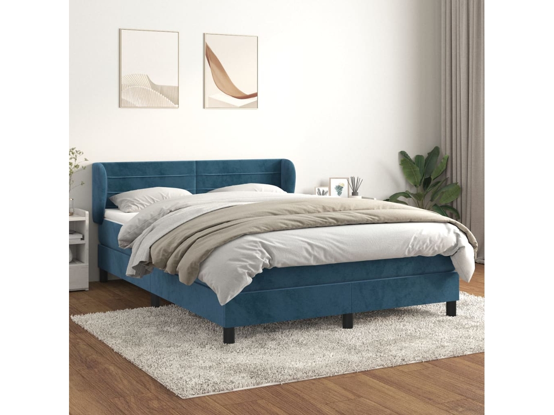Cama Box Spring Con Colchón Terciopelo Azul Oscuro 140x200 Cm