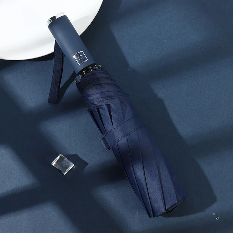 (azul Oscuro, 10k) Elegante Paraguas Automático: Protección Uv, Resistente Al Viento, Apto Para Sol Y Lluvia.