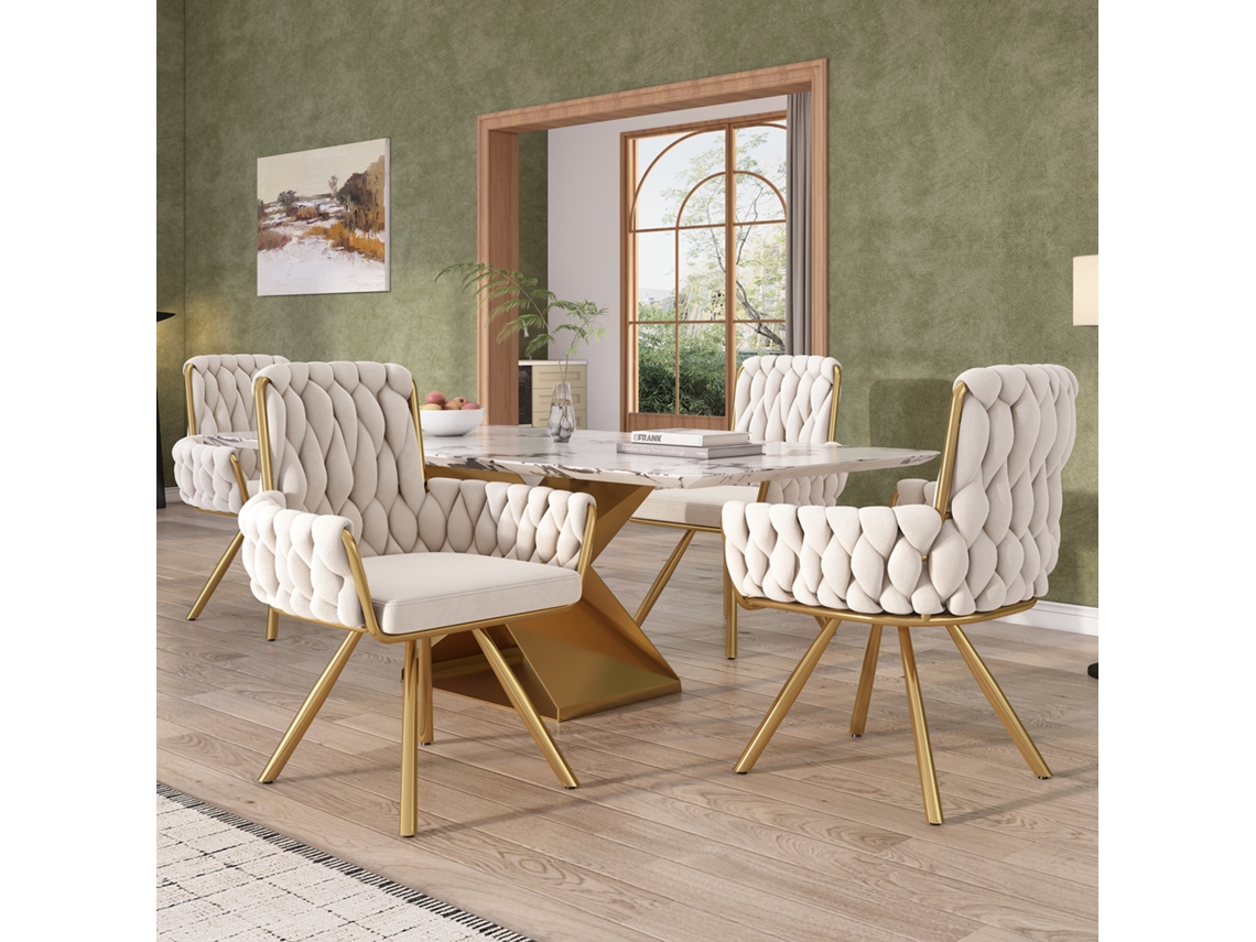 Juego de 4 sillas de comedor de terciopelo, lujoso sillón giratorio para sala de estar y dormitorio, patas de metal, color beige.