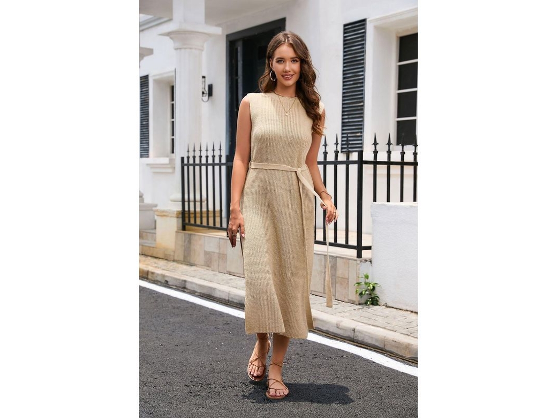 Vestido de punto con cuello redondo, silueta ajustada y cinturón, modelo 2026, transpirable y cómodo para viajar a diario.