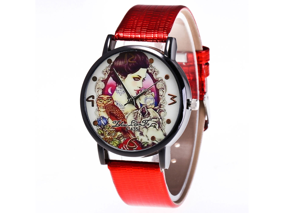 Reloj De Cuarzo Con Correa De Cuero Pu Unisex Dial Redondo Patrón Elegante (rojo)